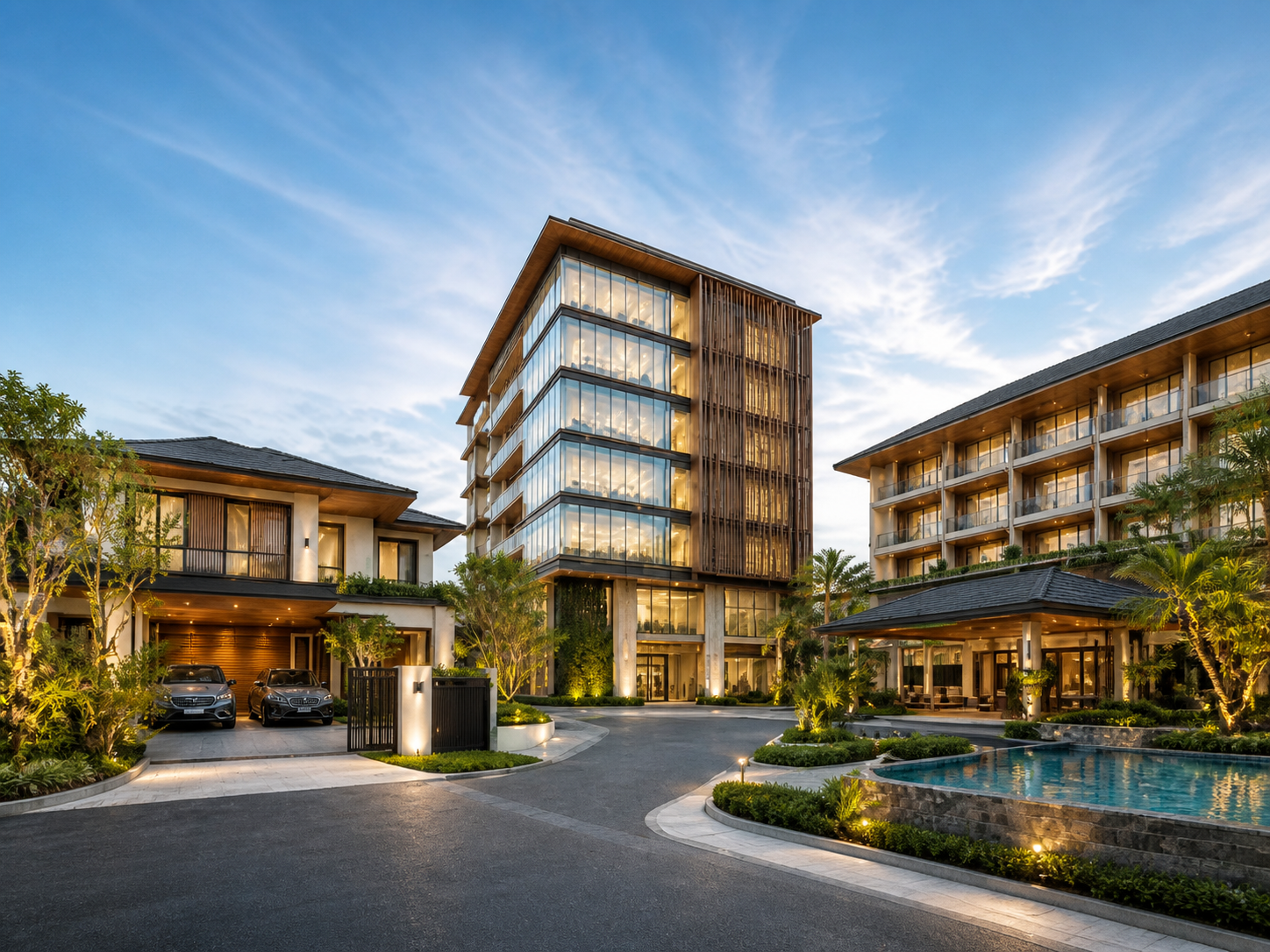 Modern residential, commercial and hospitality buildings representing GreenControls project environments